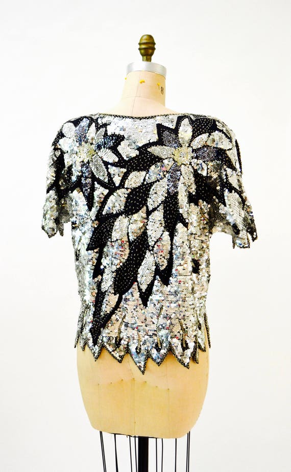 Vintage Silver Sequin Shirt Top Metallic Silver B… - image 5