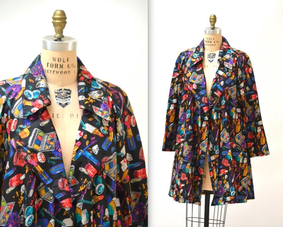 90s Nicole Miller Silk Jacket With Make up Cosmetic Lipstick Size Medium Large Rain Coat Swing Jacket Etsy Israel