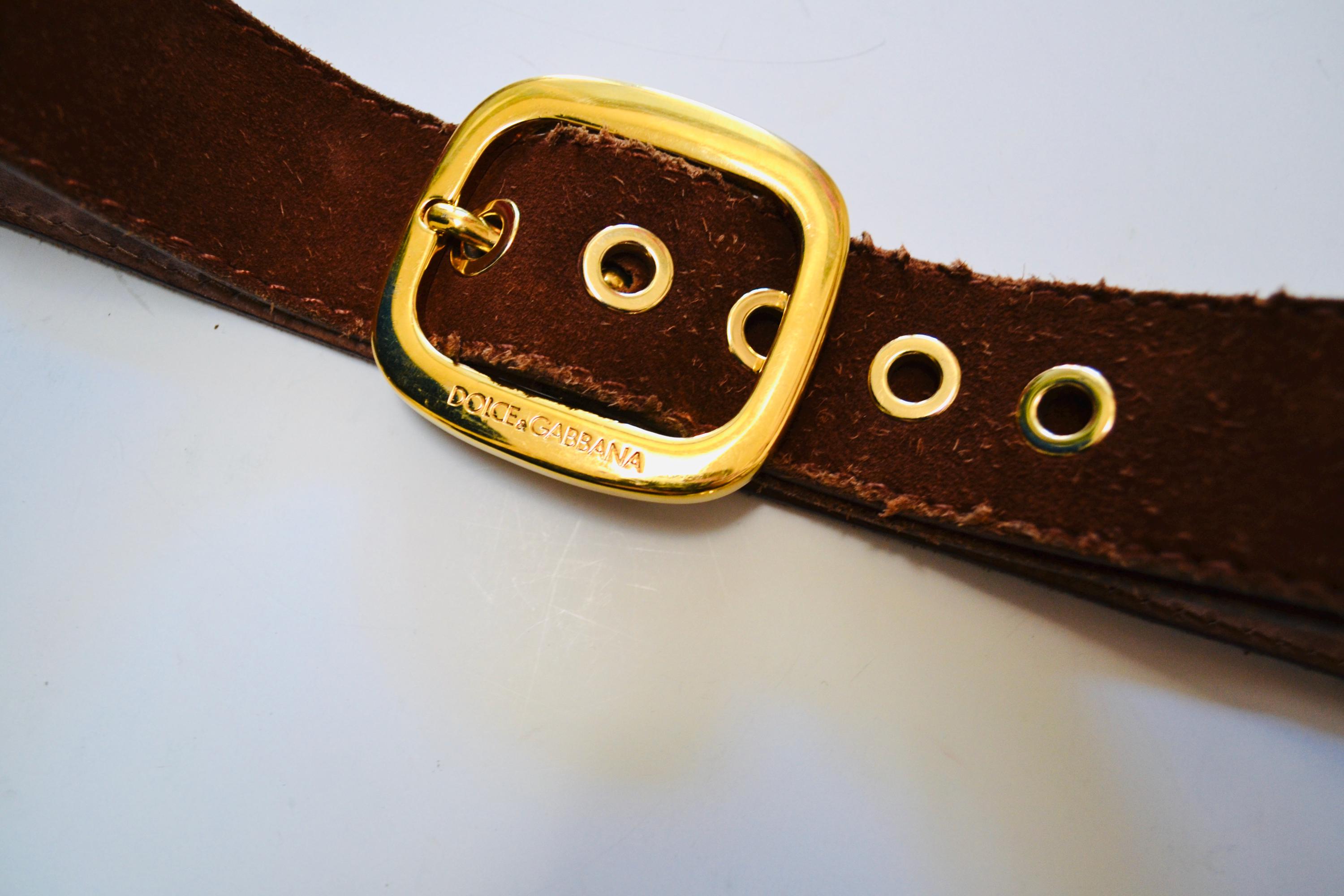 90s 2000s Vintage Dolce & Gabbana Belt Brown Suede Leather Gold