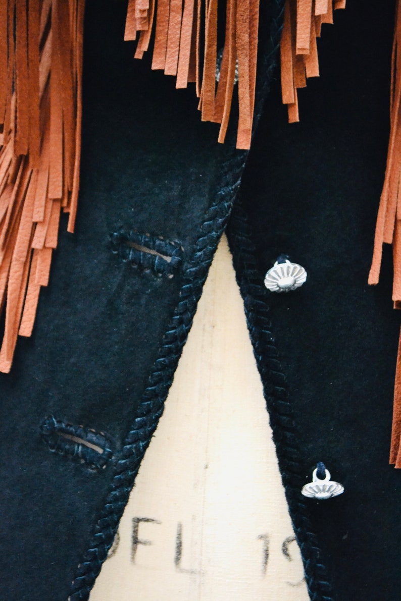 Amazing 80s 90s Vintage Black Studded Fringe Leather Jacket Western Cowboy Cow Girl Leather Fringe Jacket by Diamond Leathers Small Medium image 9