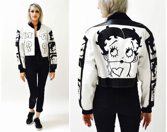 Vintage Black White Betty Boop Leather Jacket Large Vintage Bomber 