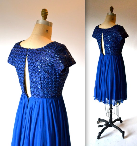 50s 60s Vintage Blue Sequin Dress Size Small Medi… - image 2