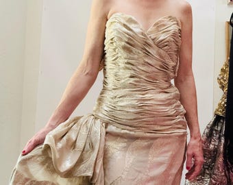 Vintage Victor Costa Gold Evening gown Silk Cream Vintage Metallic Evening Gown Medium// 80s Vintage Wedding Dress Metallic Gown Gold Cream