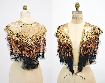 Vintage Gold Black Beaded Fringe Shawl Wrap Burlesque Wedding Flapper Gold Metallic Beaded Vintage Fringe Collar Shawl GOld Shawl Sharmark