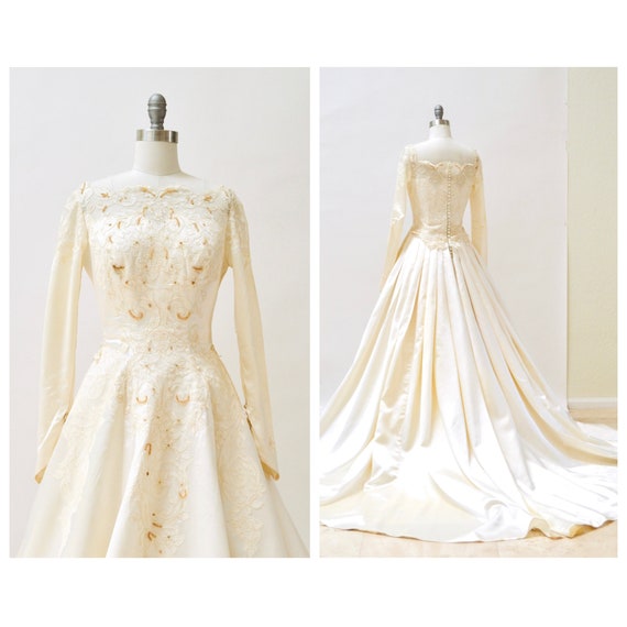 50s 60s Vintage Long Sleeve Wedding Dress Gown XS… - image 2