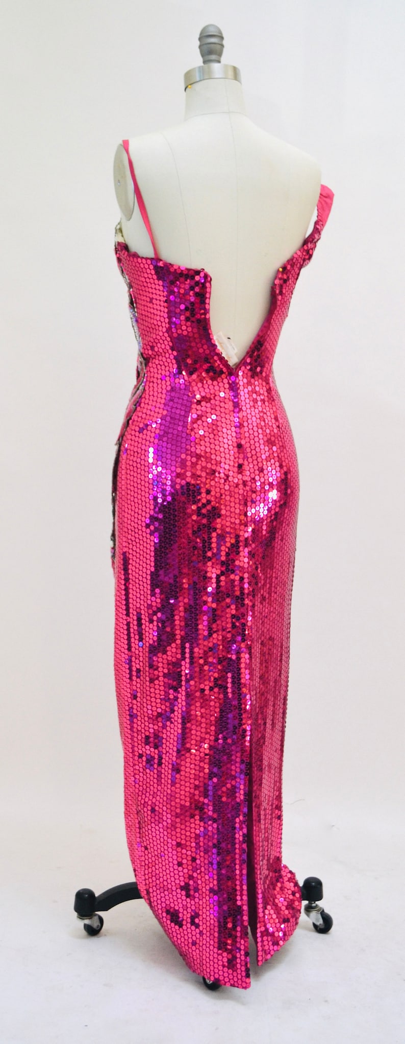 Vintage 80s Prom Pink Sequin Dress Size XXS Alyce Designs// 80s Vintage Metallic Sequin Gown Silver and PInk Drag Queen Pageant Barbie Dress image 7