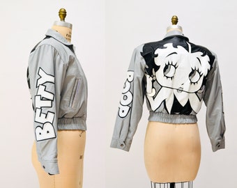 80s 90s Vintage Leather Jacket Betty Boop Medium Large Vintage Grey Leather Bomber Jacket with Betty Boop Comics Pop Art Leather By Maziar