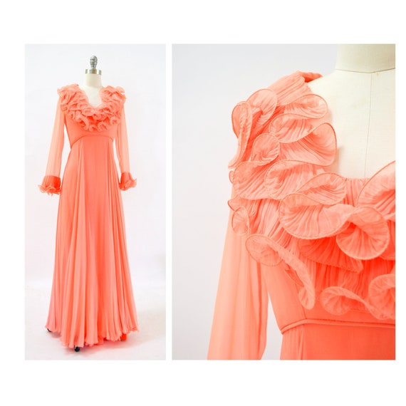 70s Alfred Bosand Vintage Peach Ruffle Dress Long… - image 4