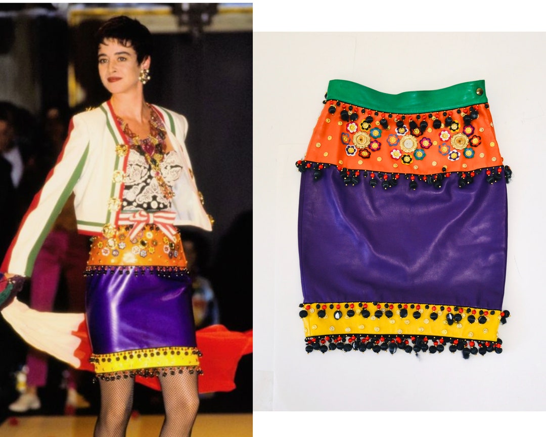 Vintage 90s Moschino Rainbow Leather SKIRT 1991 Spring