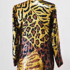 80s 90s Vintage Sequin Jacket Black Small Medium Leopard Cheetah Animal Pattern// 90s Metallic Gold Black Sequin Jacket French Collizioni image 7