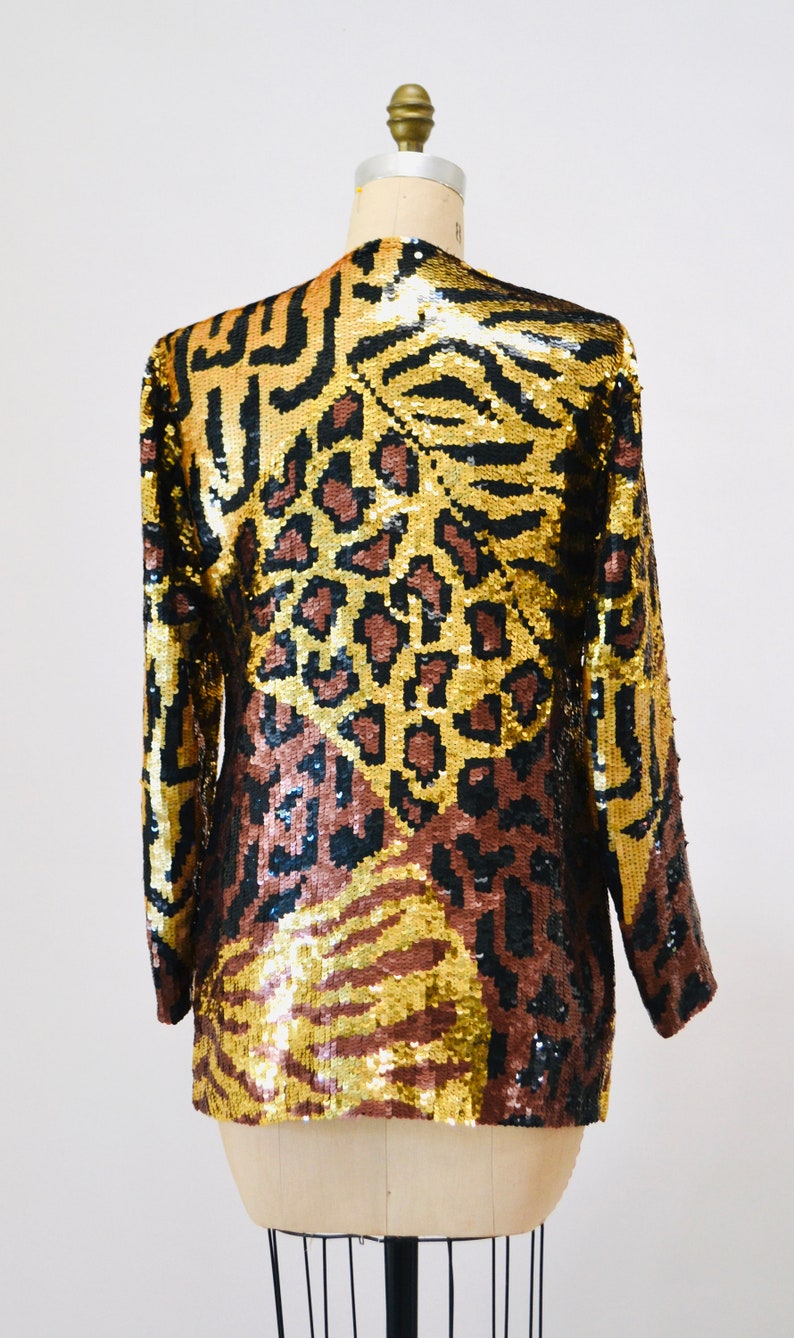 80s 90s Vintage Sequin Jacket Black Small Medium Leopard Cheetah Animal Pattern// 90s Metallic Gold Black Sequin Jacket French Collizioni image 7