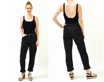 Vaqueros negros vintage de Tommy Hilfiger, cintura alta, pierna cónica, pantalones vaqueros de los años 80 y 90, talla pequeña y mediana, vaqueros negros.