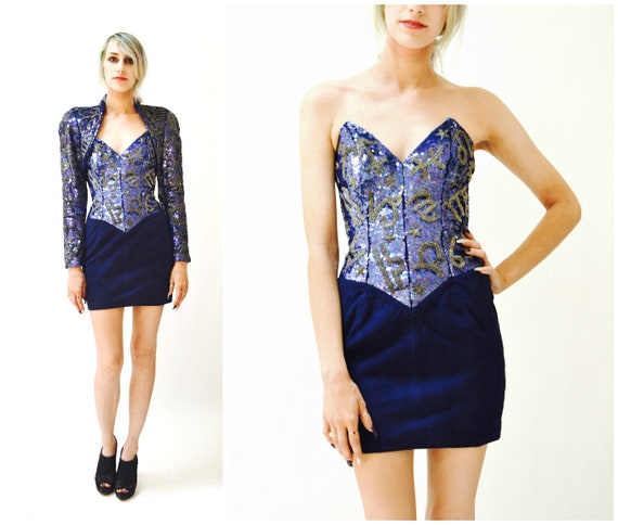 90s Sequin Leather Strapless Dress by Michael Hob… - image 3