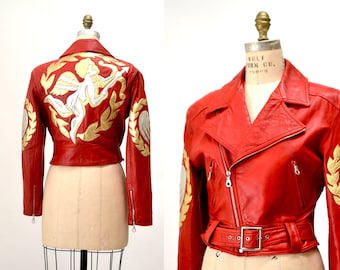 Vintage RED Leather Motorcycle Jacket by North Beach Michael Hoban// RED Metallic Leather Jacket with Cupid & Hearts