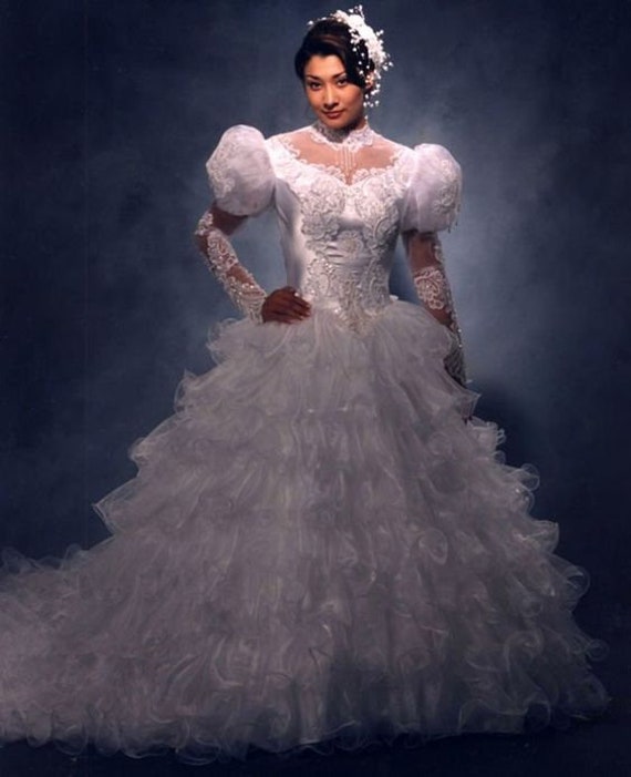 Vintage 80s 90s Wedding Dress Gown White Sequin Ruffle 80s 90s Wedding Gown Dress Small Medium Long Sleeve High Neck Sequin Beaded Dress