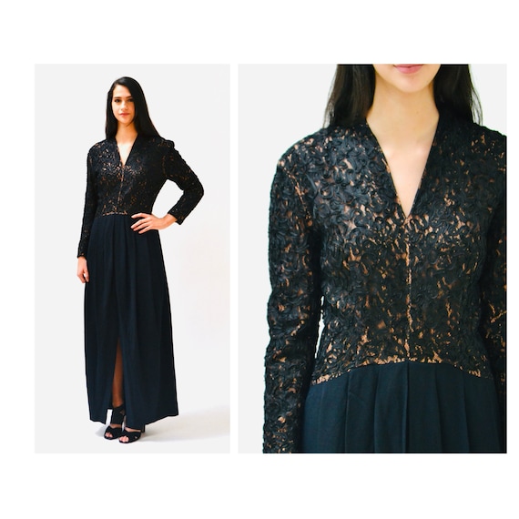 Vintage Black Evening Gown Long Sleeve lace Dress… - image 1