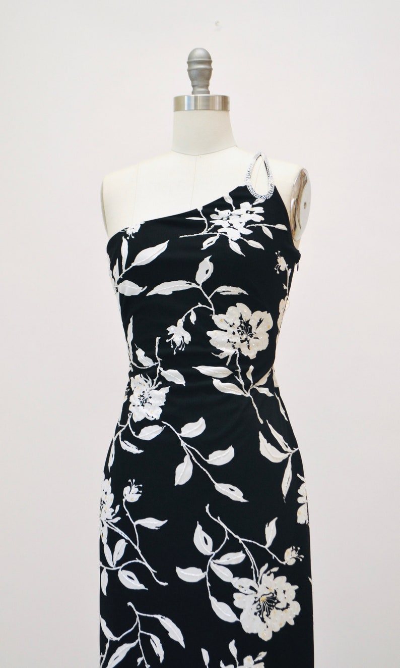 Vintage 00s Y2K Bias Cut Silk Dress Cache Black White Floral Print Beaded one Shoulder Dress XS Small 90s 00s Y2k Silk Tank Black Dress image 3