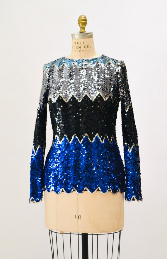 Vintage 70s 80s Blue Metallic Sequin Shirt Small … - image 2