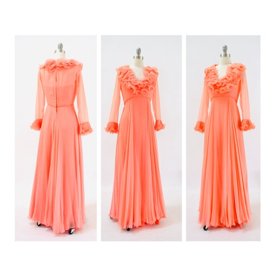 70s Alfred Bosand Vintage Peach Ruffle Dress Long… - image 8