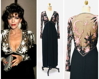 80s Vintage BOB MACKIE Dress Sequin Gown Size Small Medium with Moon and Stars Astrology Sequin Metallic pink Black Gown Dress Small Medium