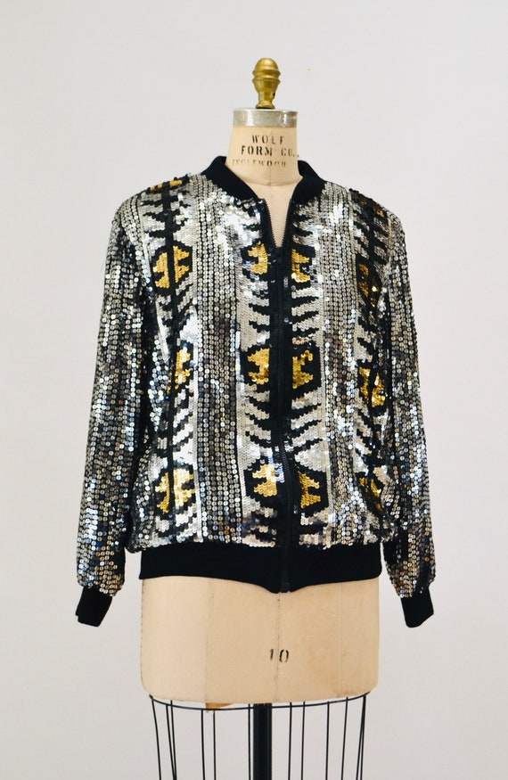 Vintage 80s 90s Silver Sequin Party Bomber Jacket… - image 2