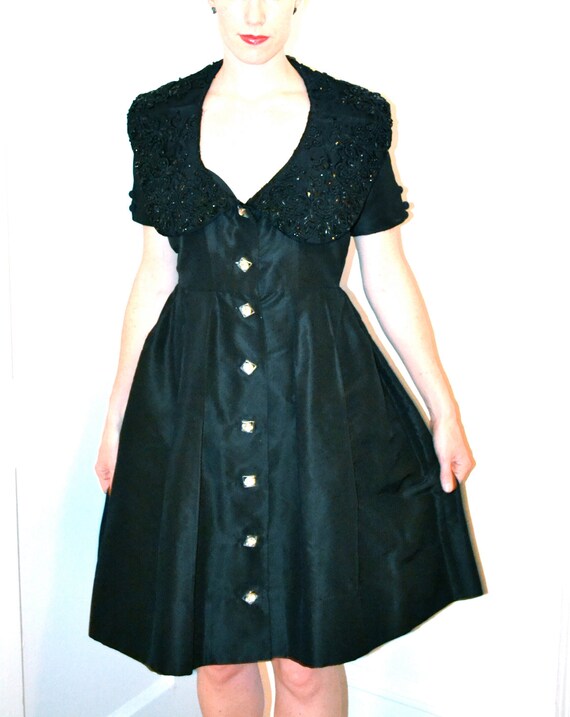 50s Vintage Black Formal Beaded Dress Medium// 50… - image 2