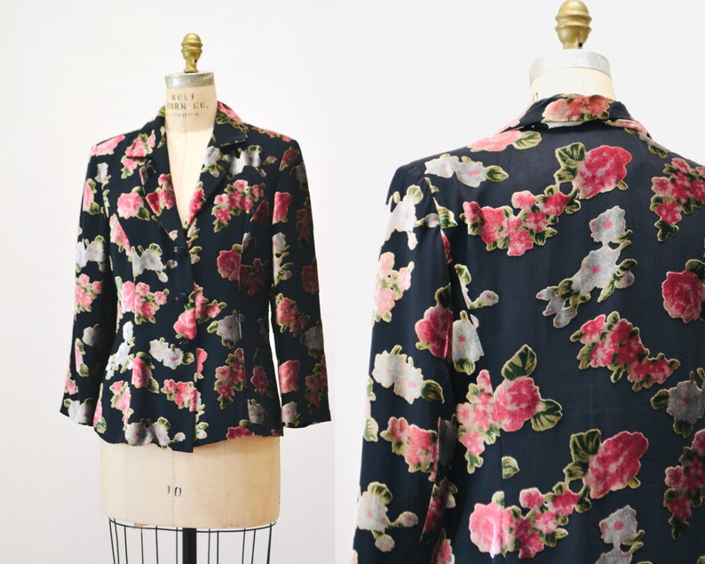 80s 90s Vintage Velvet Floral Print Jacket Blazer Black Pink Medium Black Floral Print Burn Out Velvet Jacket Jacket Blaze By Criscione image 1