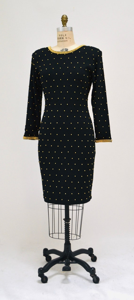 80s 90s Vintage Black Beaded Dress Gold Metallic … - image 6