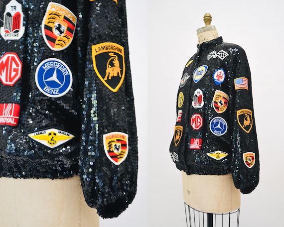 80s 90s Vintage Black Sequin Bomber Jacket Race Car Patches Jeanette  Kastenberg St Martin Small Medium Mercedes Benz Porche Maserati Pop Art 