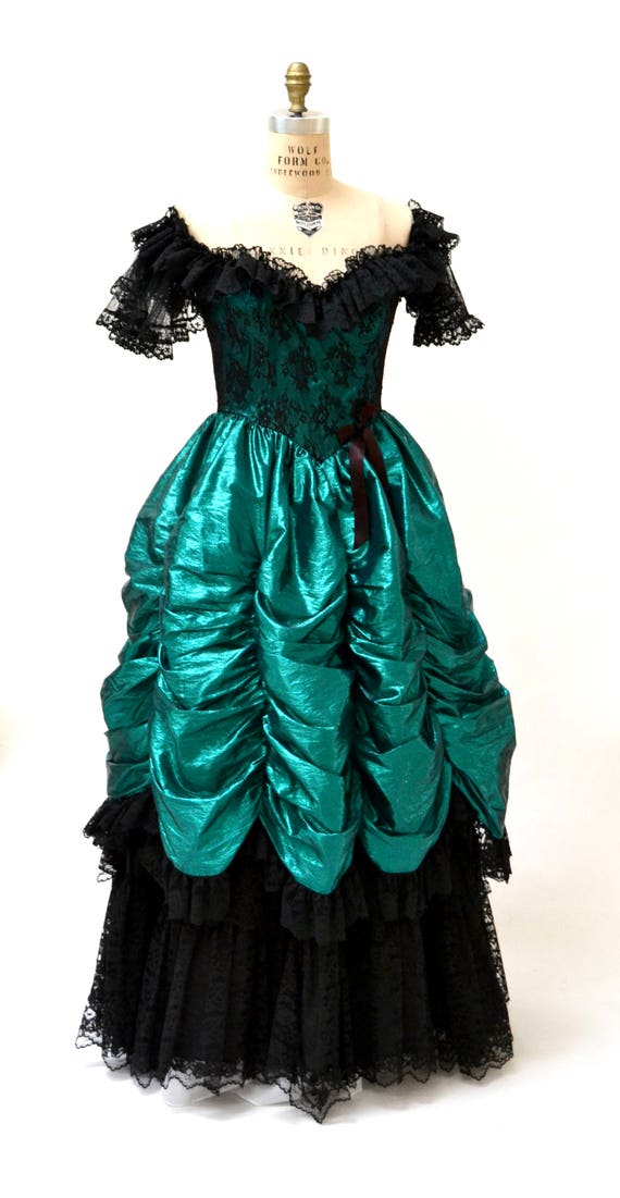 Vintage 80s Prom Dress XXS XS Metallic Green Blac… - image 3