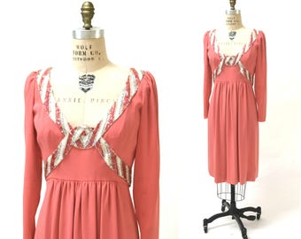 90s Vintage Sequin Dress by BOB MACKIE Evening Size Medium Large Coral Pink// Vintage Pink Coral Dress Beaded Sequin Dress Long sleeves