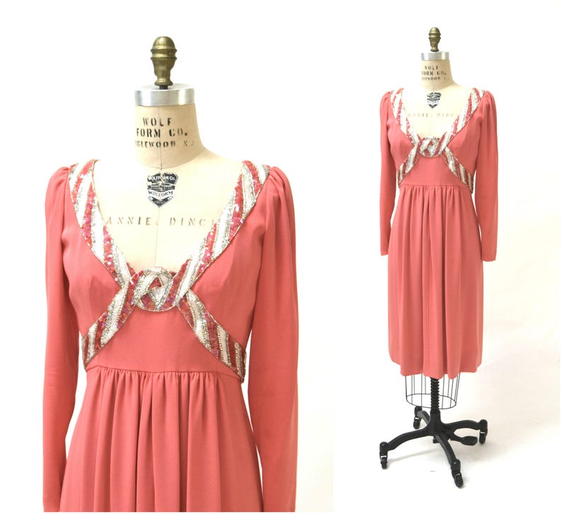 90s Vintage shops Sequin Dress by BOB MACKIE Evening Size Medium Large Coral Pink// Vintage Pink Coral Dress Beaded Sequin Dress Long sleeves