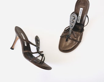 Vintage 00s Manolo Blahnik High Heels Brown Silver Gladiator High Heel Sandals Size 38 1/2 8 8 1/2 leather high heel Thongs Brown Manolos 8