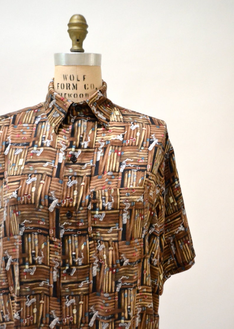 90s Vintage Nicole Miller Mens Silk Shirt Cigars Smoking Medium Mens Large Bachelor Party Fathers Day Shirt Gift mens Pop art Printed Shirt image 2