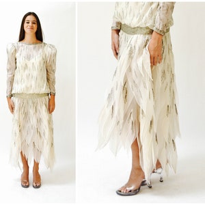 80s does 20s Vintage Beaded Dress Silk Cream Off White Dress Small Medium Ruben Panis// 80s Vintage Beaded Dress Long Sleeve Flapper Dress