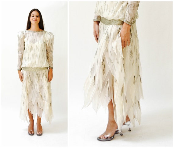 Beaded Long Sleeves Tiered Beige Dress Beaded Long Sleeves Tiered Beige Dress