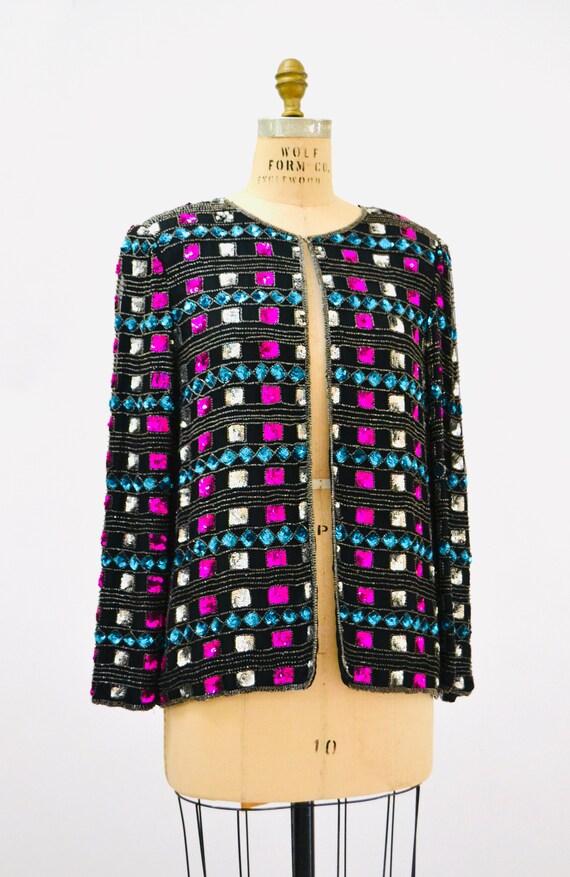 80s 90s Vintage Black Sequin Jacket Size Large Me… - image 6