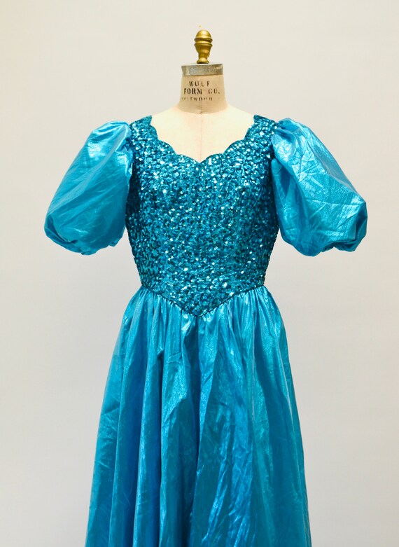 Vintage 80s Prom Sequin Dress Blue Metallic Ball Gown… - Gem