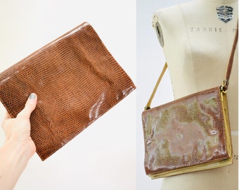 70s Vintage Brown Leather Envelope Bag Clutch Brown Tan Leather Snakeskin Shoulder Bag// Brown Patent Leather Snake Skin Bag Purse