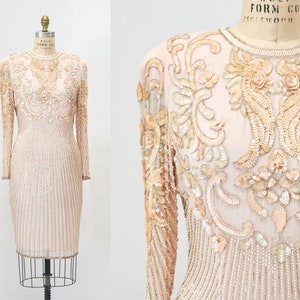 80s 90s Vintage Pink Peach Beaded Sequin Dress Small Medium // 80s 90s Glam Vintage Metallic Sequin Pink Cocktail Wedding Party Dress image 1