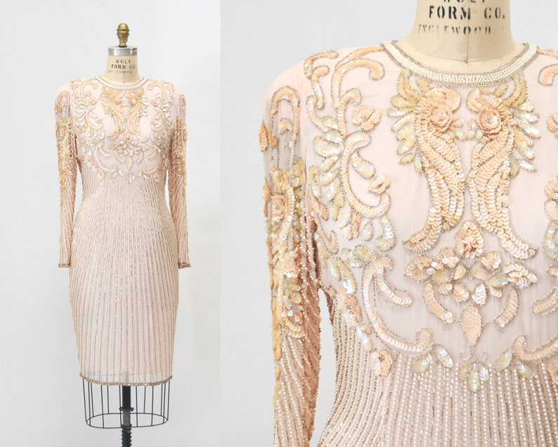 80s 90s Vintage Pink Peach Beaded Sequin Dress Small Medium // 80s 90s Glam Vintage Metallic Sequin Pink Cocktail Wedding Party Dress image 1