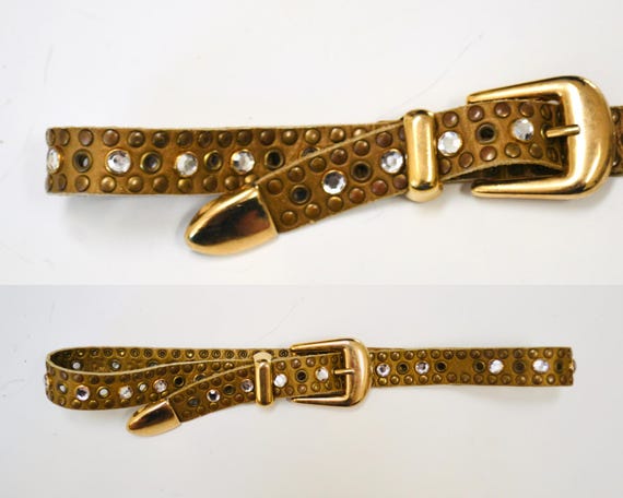 90s 2000s Vintage Gold Rhinestone Belt Brown Leat… - image 7