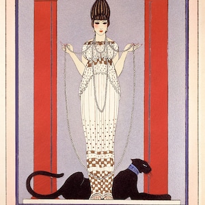 May include: Art Deco illustration of a woman in a white dress with a pearl necklace, between two red columns. A black panther with a blue collar lies at her feet. The image includes the text "CARTIER Copyright" and "1914 GEORGE BARBIER".