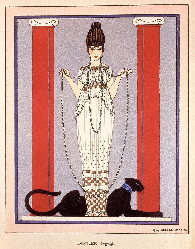 May include: Art Deco illustration of a woman in a white dress with a pearl necklace, between two red columns. A black panther with a blue collar lies at her feet. The image includes the text "CARTIER Copyright" and "1914 GEORGE BARBIER".
