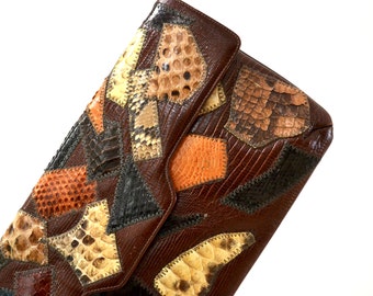 Vintage Leather Clutch Purse Handbag Brown Snakeskin Python Reptile Patchwork Caprice// 70s 80s Vintage Brown Purse patchwork leather