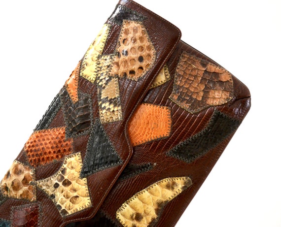 Vintage Leather Clutch Purse Handbag Brown Snakes… - image 1