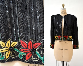 Vintage Black Sequin Jacket Size Medium with Floral Embroidery// Black Beaded Jacket Size Medium With black sequins and embroidery Flowers