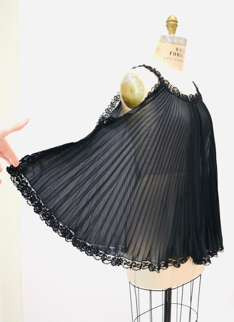 60s 70s Vintage Black Sheer Babydoll Pleated Nightgown Lingerie by Parisian Maid// Black Sheer Lingerie Night gown Black Honeymoon Maternity image 4