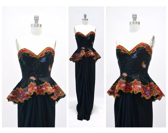 STUNNING 80s Vintage Beaded Strapless Evening Gown Dress by FABRICE New York Couture Beaded Paisley Bustier Black Silk Gown Dress XS Small