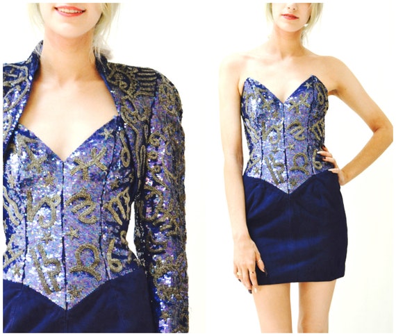 Vintage Sequin Jacket Blue and Gold Metallic Bole… - image 8